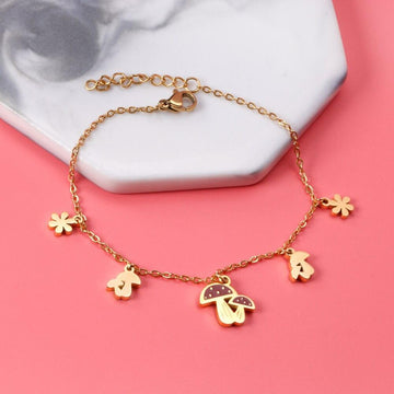 Cute Style Gold Colour Mushroom Flower Pendants Beaded Chains Charm Bracelets - Stainless Steel link Chain - The Jewellery Supermarket